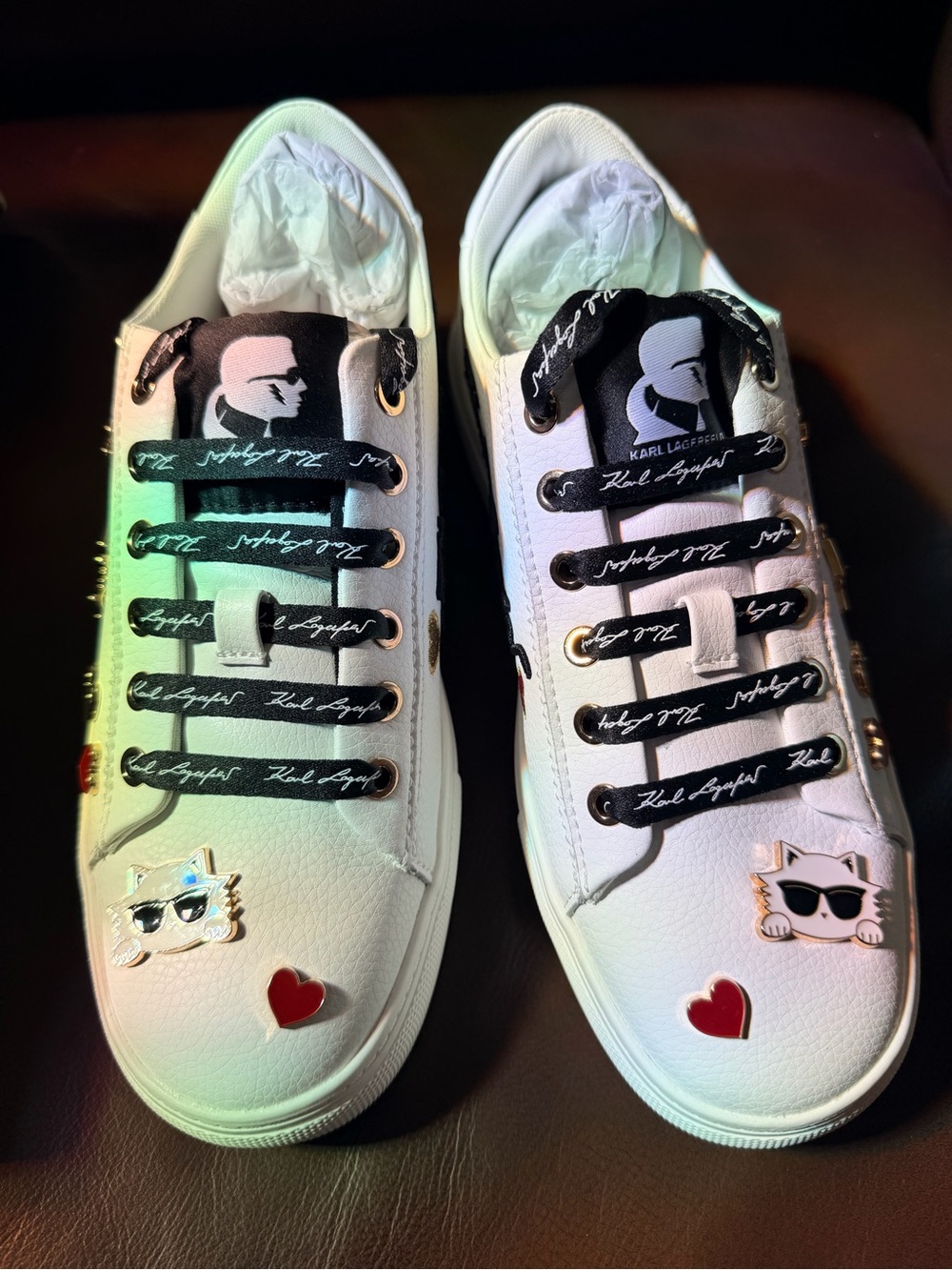 Karl Lagerfeld White Sneakers with Black Laces and Red Heart Accents